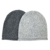 Two knit beanies, one light gray and one gray, on a white background