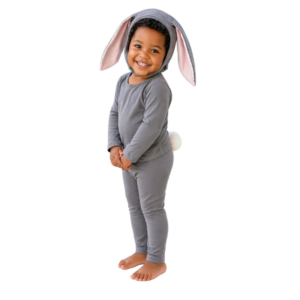 Toddler in a grey bunny costume for kids playing