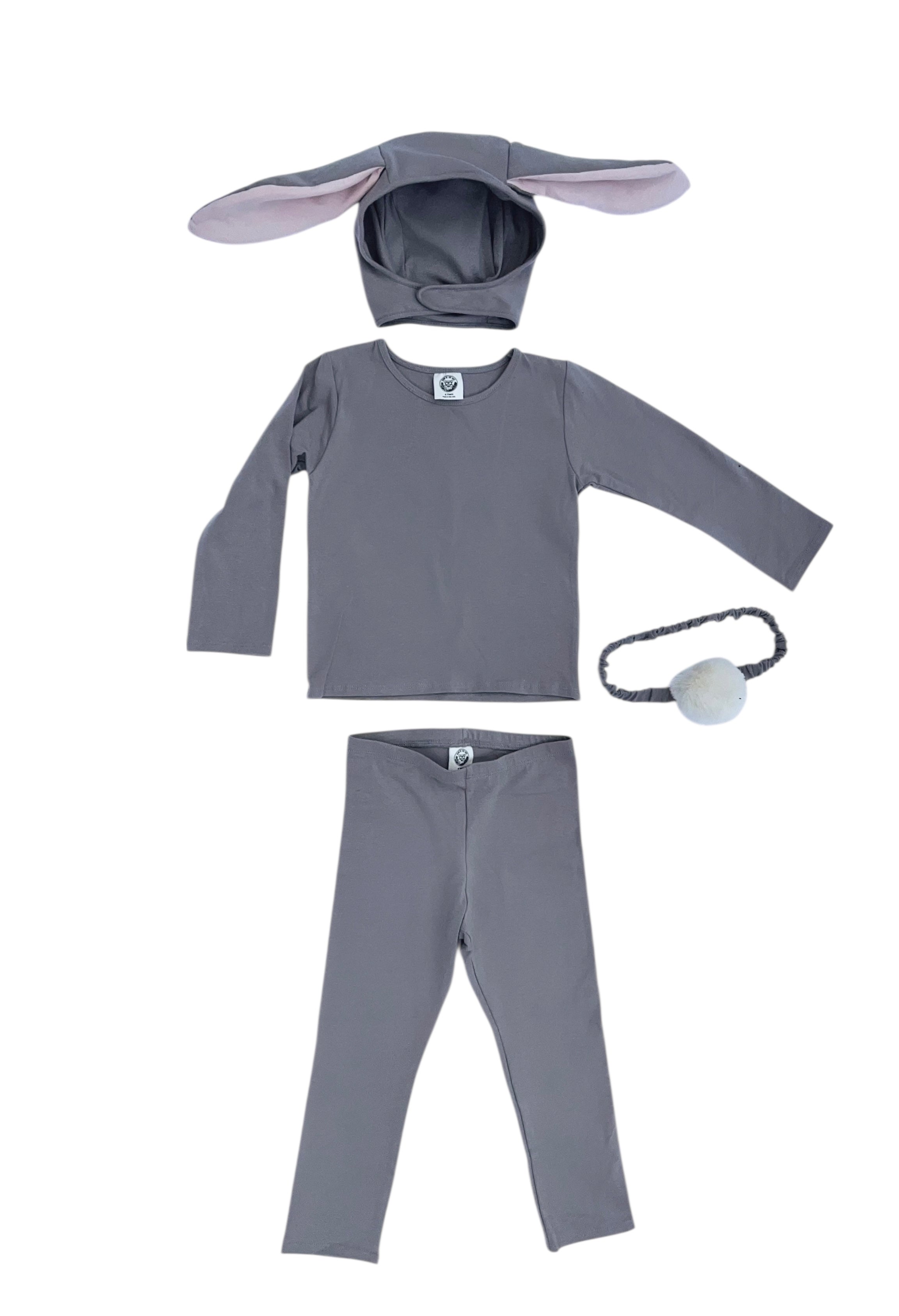 Grey bunny costume set with lop ears and fluffy tail laid flat