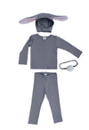 Grey bunny costume set with lop ears and fluffy tail laid flat