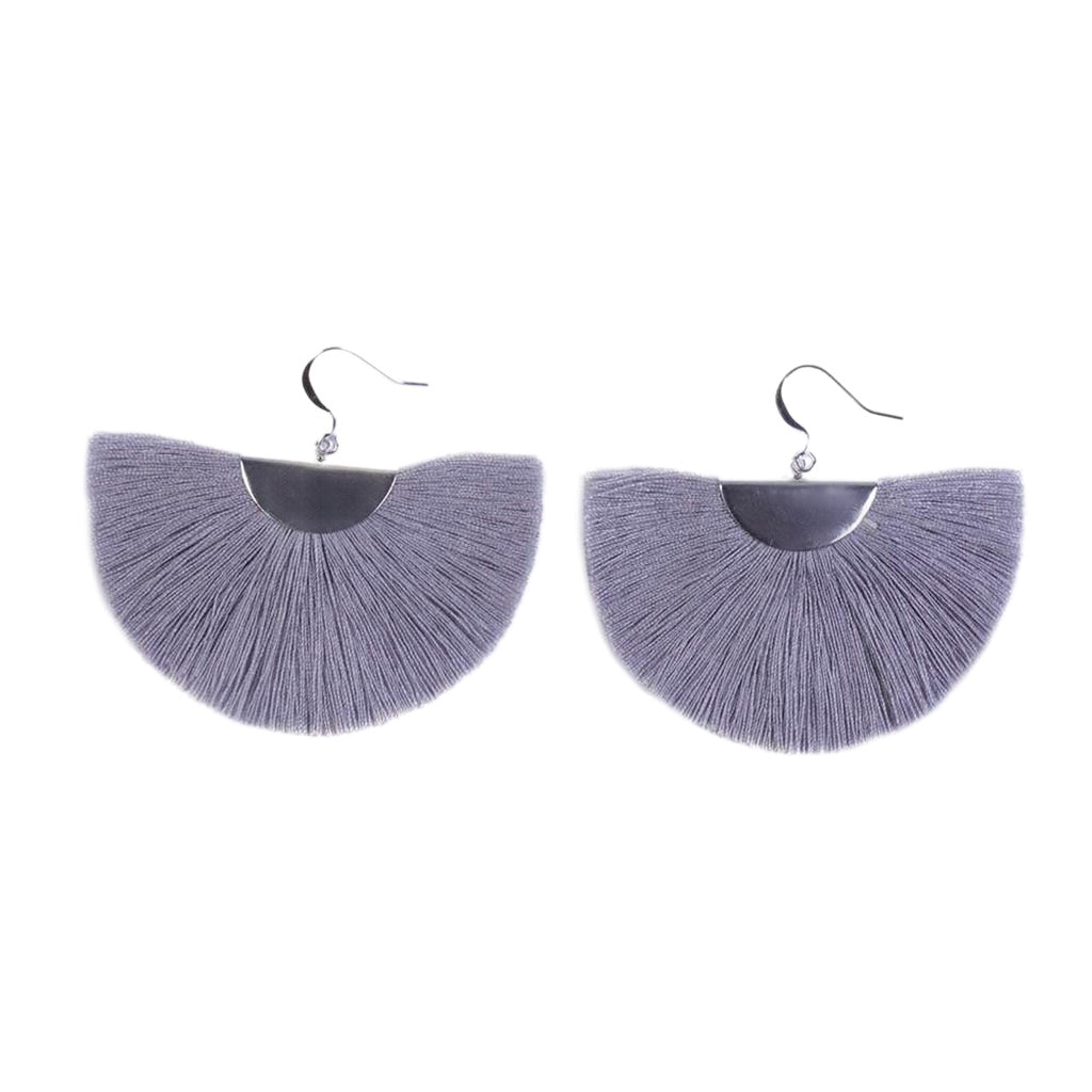 Pair of gray fan-shaped earrings on a white background