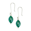 Pair of green teardrop earrings with silver hooks on a white background