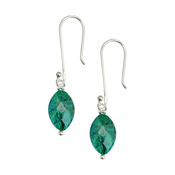 Pair of green teardrop earrings with silver hooks on a white background
