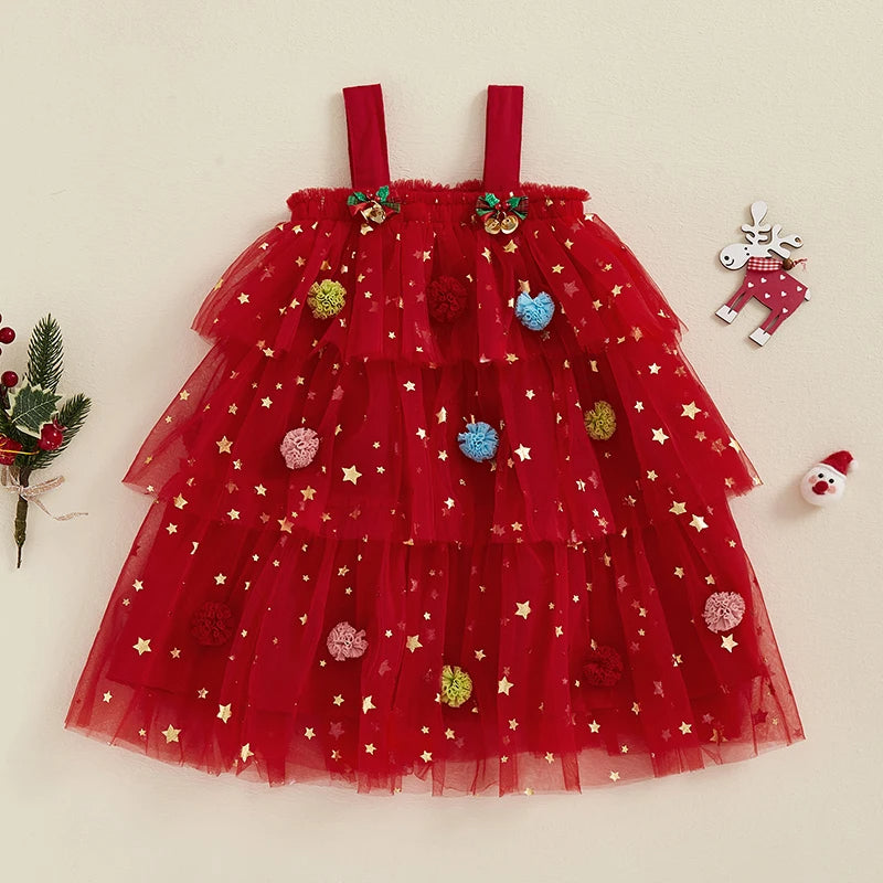 Girl's Christmas Layered Tulle Dress in green with layered tulle skirt