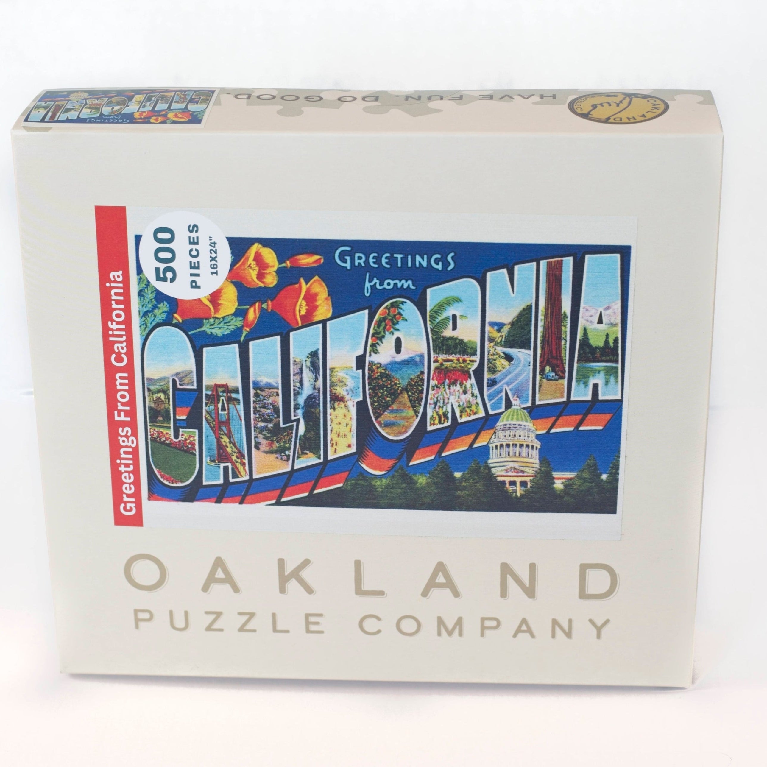 Greetings from California puzzle box with the original vintage postcard artwork