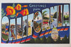 Completed Greetings from California 500-piece jigsaw puzzle showing vintage postcard art