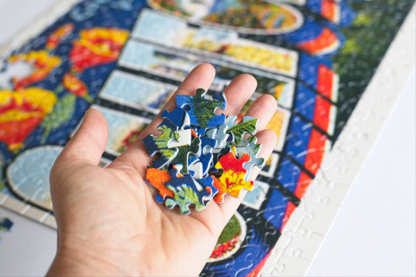 Close-up of Greetings from California puzzle pieces
