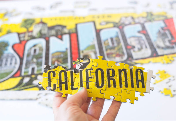 Close-up of Greetings from San Jose jigsaw puzzle pieces