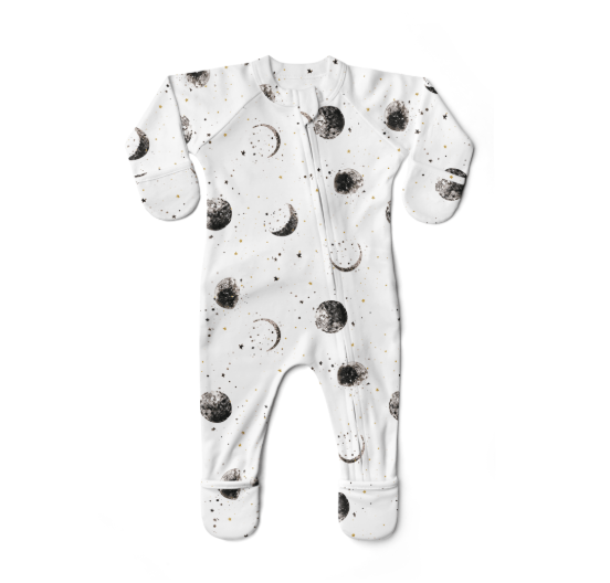 Baby onesie with moon pattern on a white background