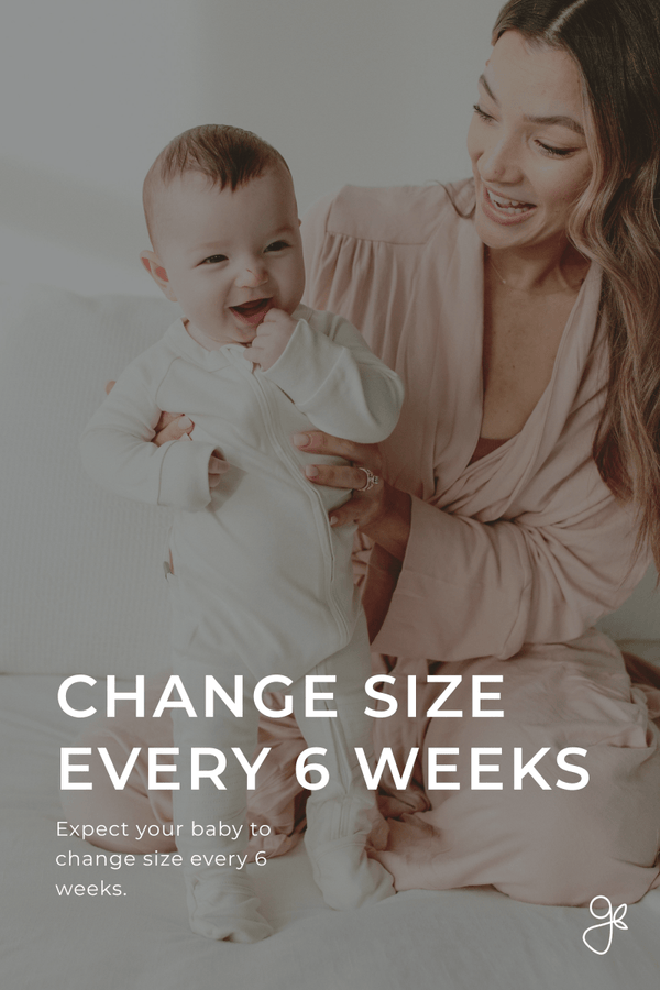 Woman holding a baby with text overlay about changing baby size every 6 weeks.