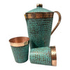 Set of One Copper Pitcher with Top and Two Tumblers, Hammered and Turquoise Patina