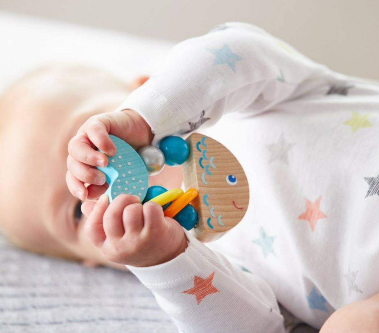 HABA Rattlefish wooden clutching toy for babies 6 months and up, made in Germany