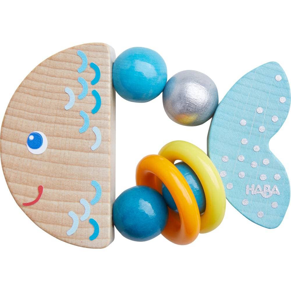 HABA Rattlefish Wooden Baby Rattle made from PEFC-certified beech wood with BPA-free plastic rings
