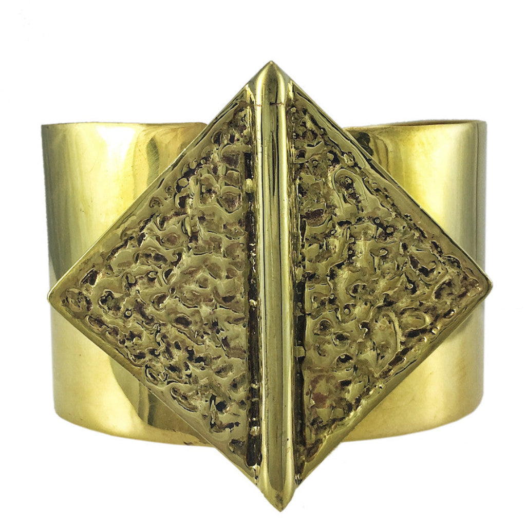 Hammered recycled brass bombshell cuff bracelet handmade in Cambodia by Slate and Salt