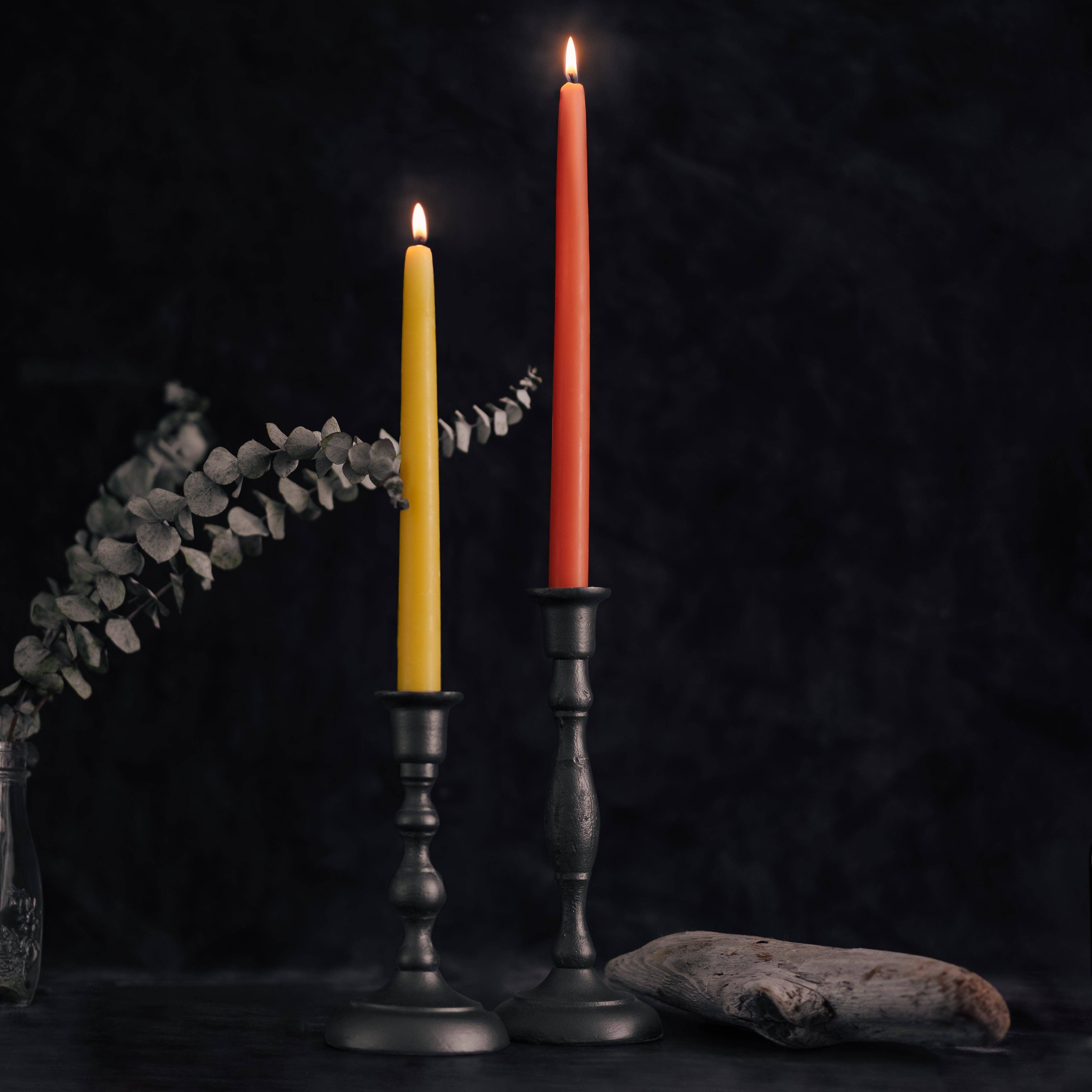 Hand-dipped beeswax taper candles from Bluecorn Candles – pair shown in candlestick holders