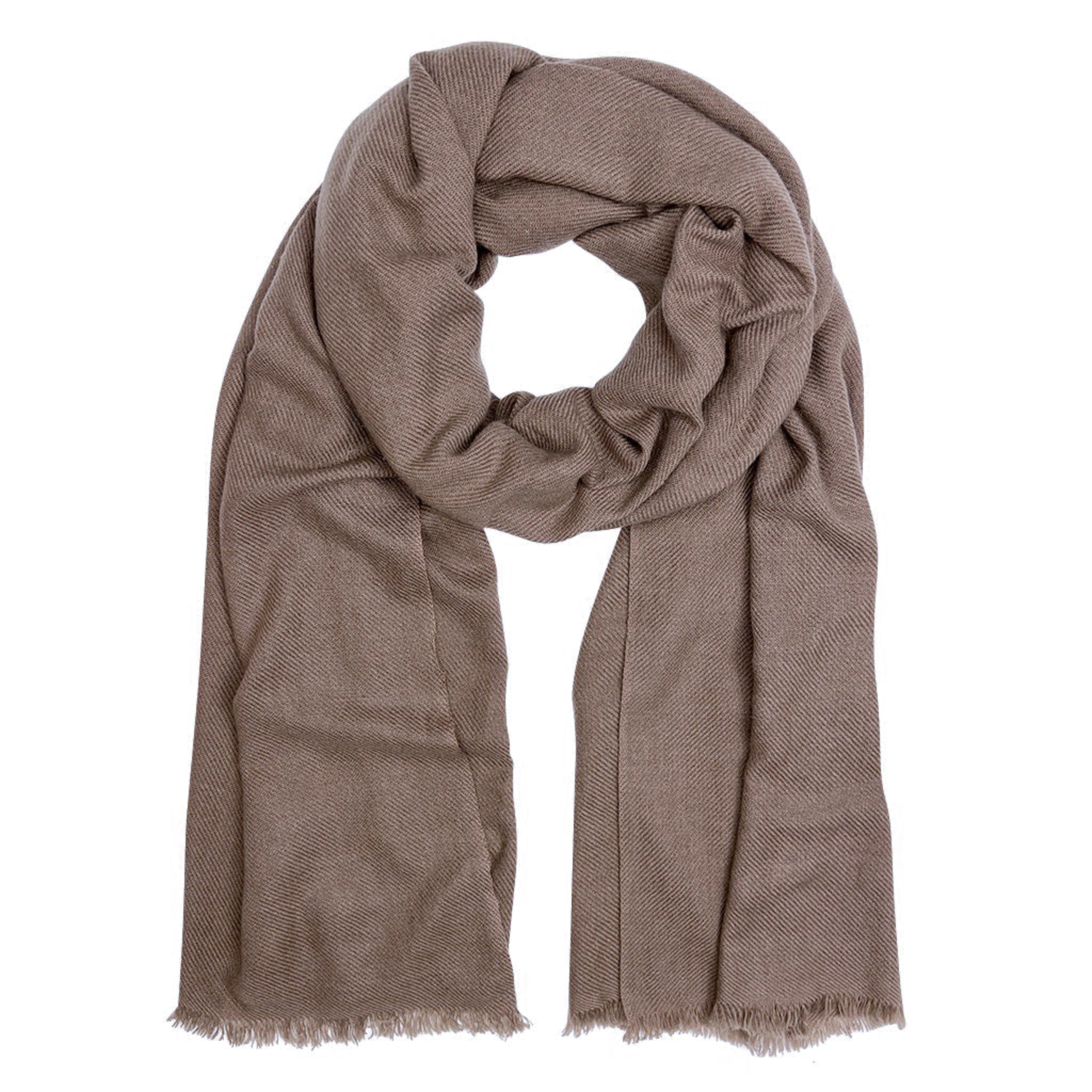 Brown wool scarf with frayed edges on a white background