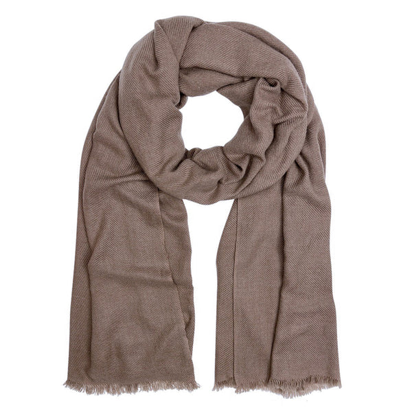 Brown wool scarf with frayed edges on a white background