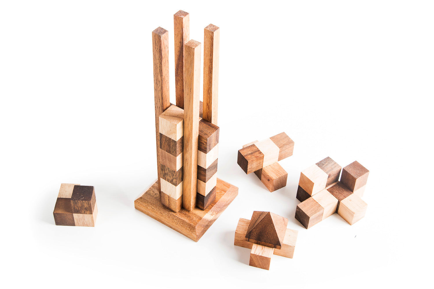 Wooden puzzle blocks on a white background
