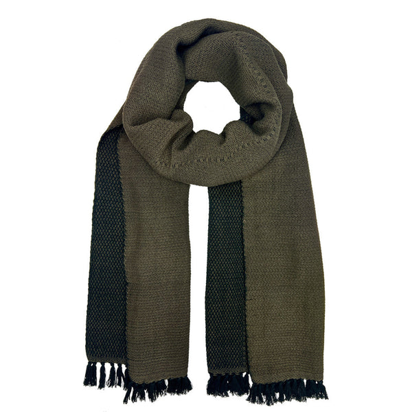 Green scarf with black edges on a white background