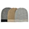 Three knit beanie hats in black, beige, and gray on a white background