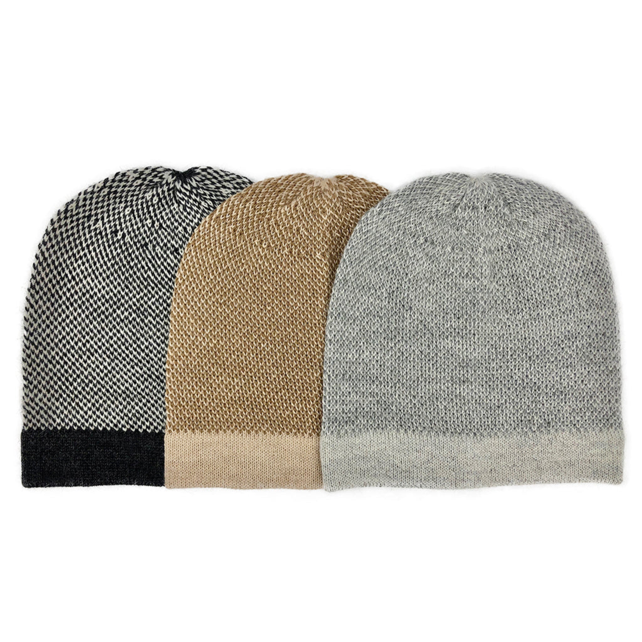 Three knit beanie hats in black, beige, and gray on a white background
