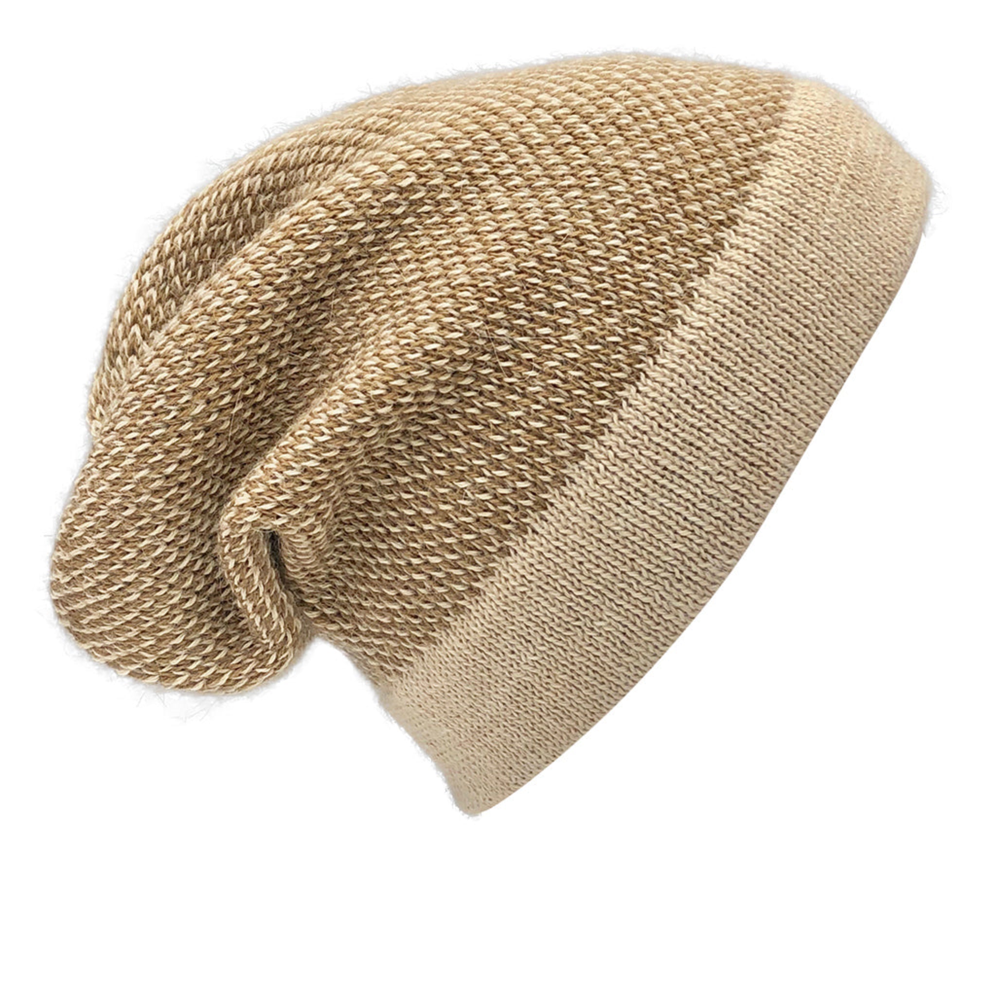 Beige knit beanie on a white background