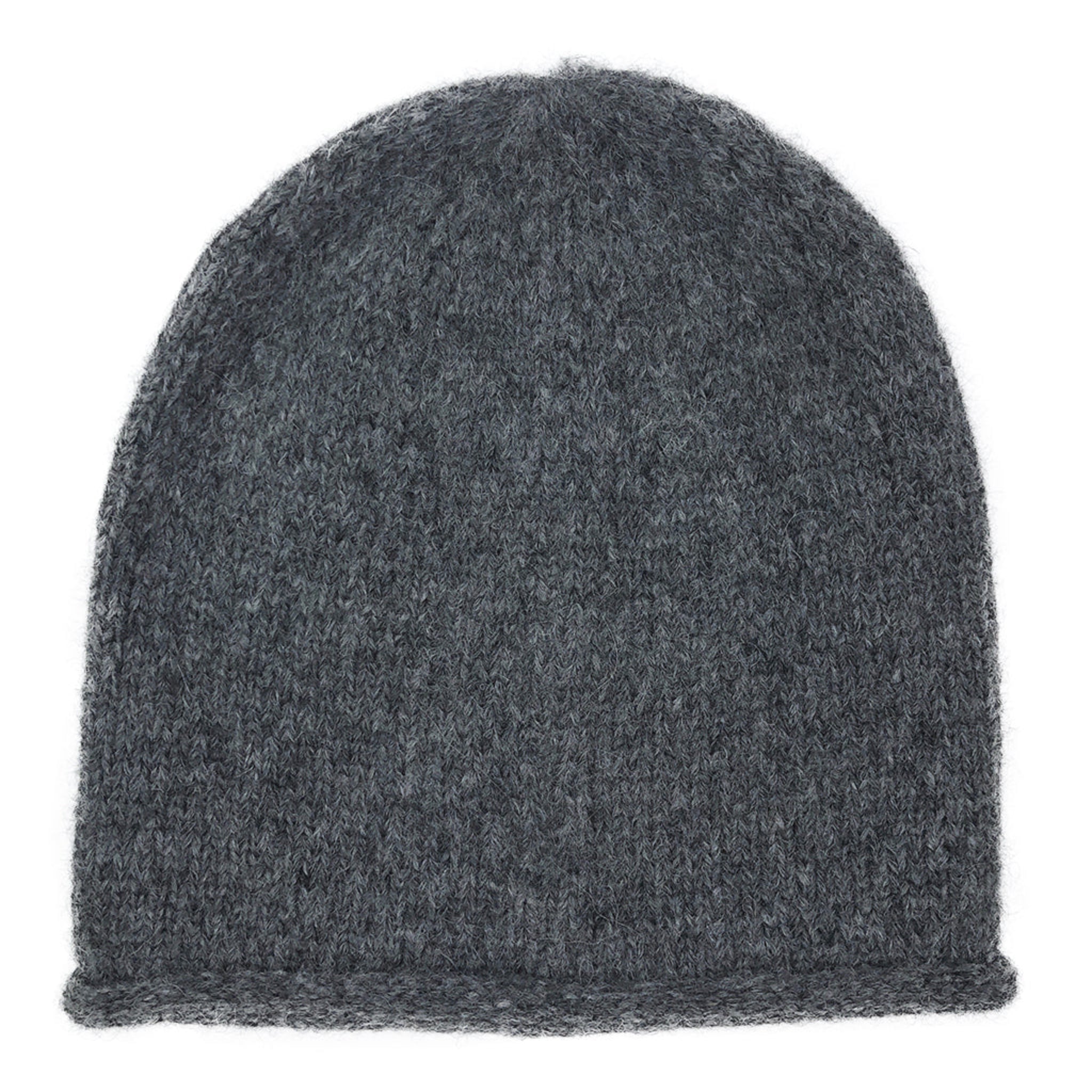 Dark gray knit beanie on a white background