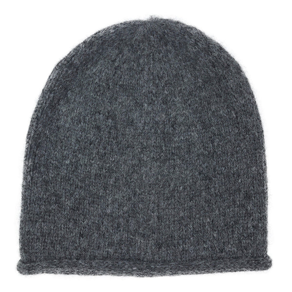 Dark gray knit beanie on a white background