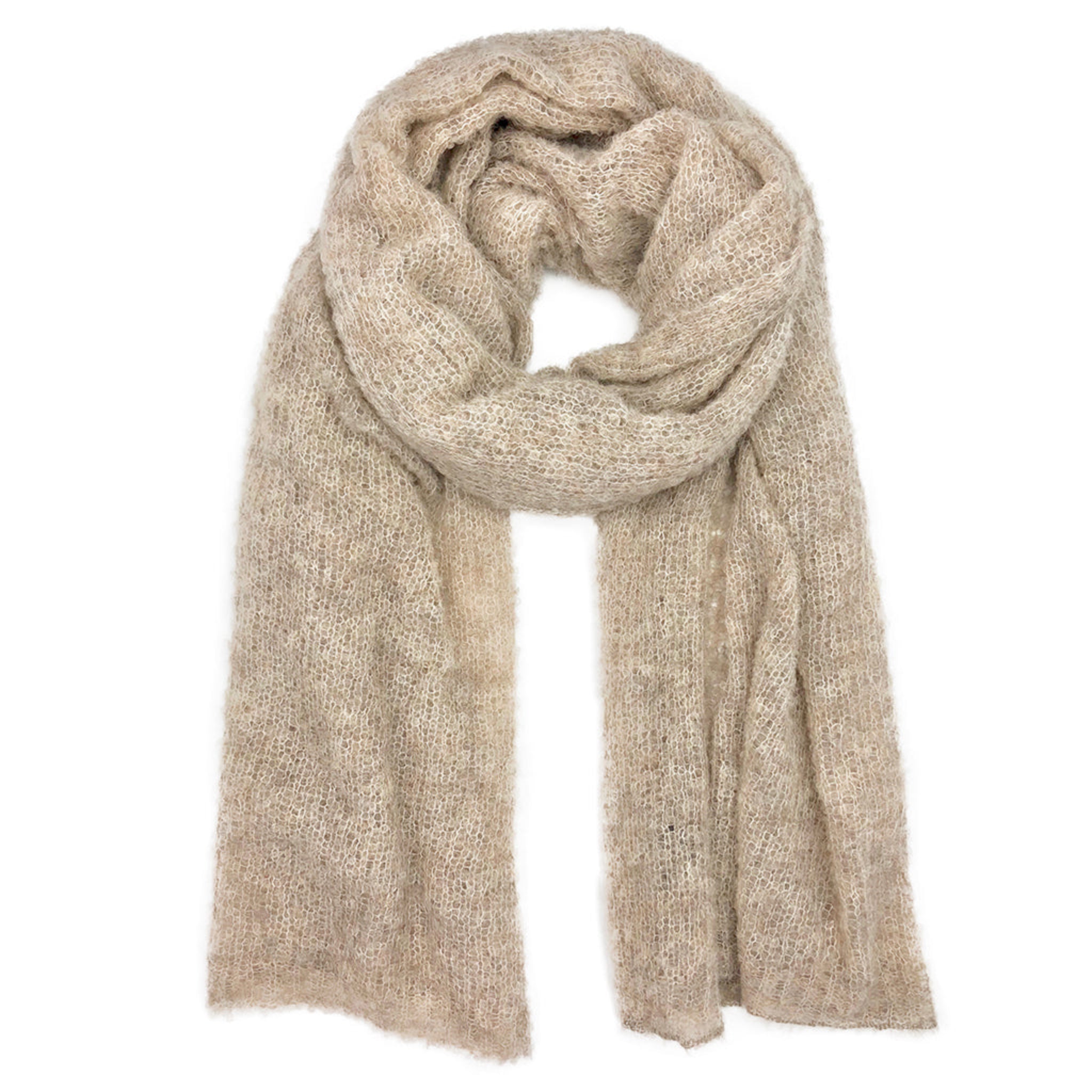 Beige knitted scarf on a white background