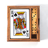 Wooden box with a King of Spades playing card and wooden dice cubes on a white background