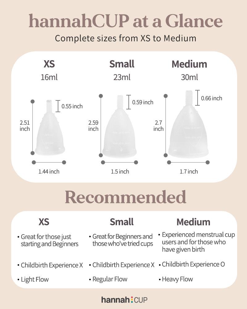 Diagram of hannahCUP sizes from XS to Medium with measurements and recommended use.