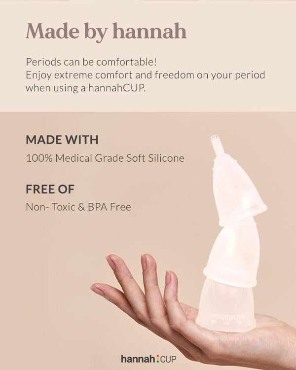 Close-up of hannahCUP XS soft silicone menstrual cup – BPA-free and latex-free