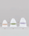 Hayden Hill organic cotton dust bags set of three with dimensions shown in inches — front view with garments inside