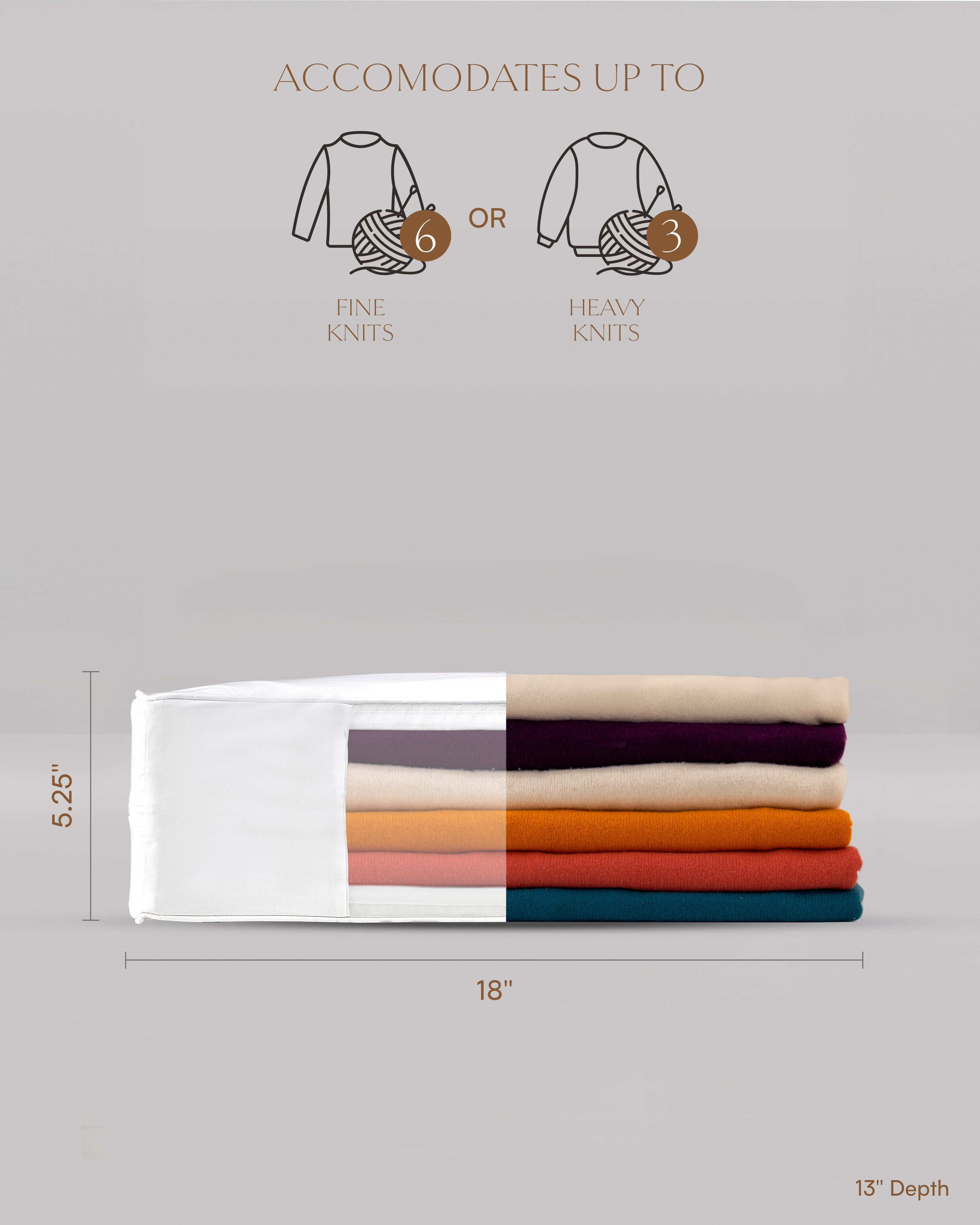 Extra large organic cotton storage bag with dimensions shown — 13 x 18 x 5.25 inches, filled with folded clothing