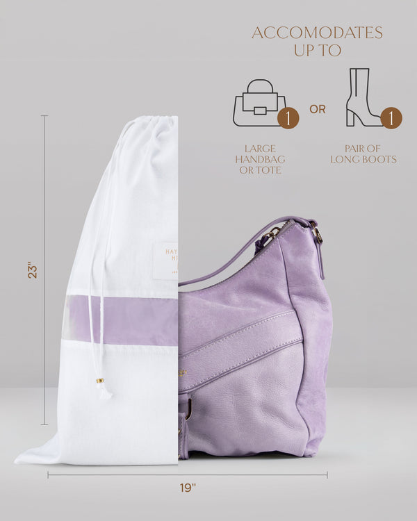 Hayden Hill large organic cotton dust bag front view with dimensions 19 x 23 inches shown