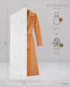 Front view of long organic cotton garment bag with dimensions showing 58 inch length for dresses and coats