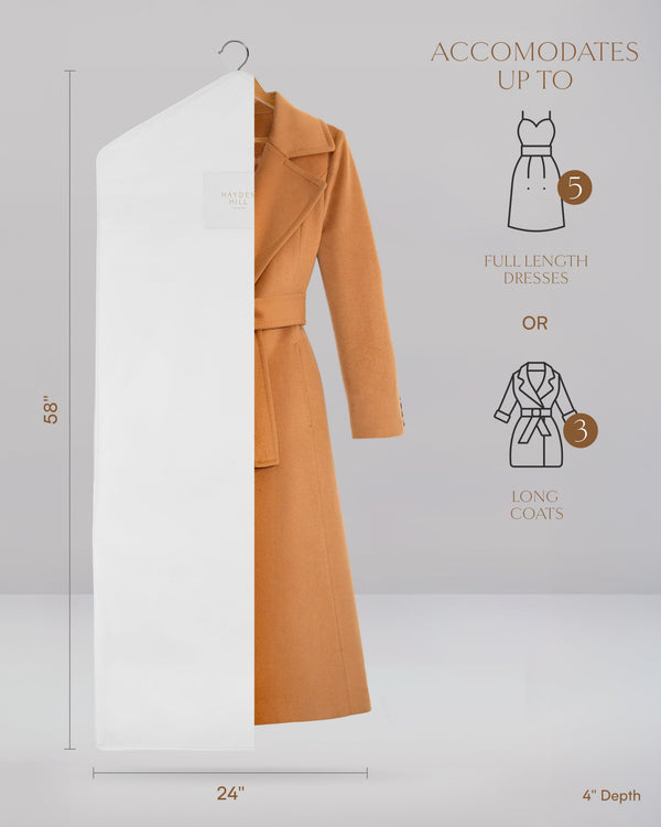 Front view of long organic cotton garment bag with dimensions showing 58 inch length for dresses and coats