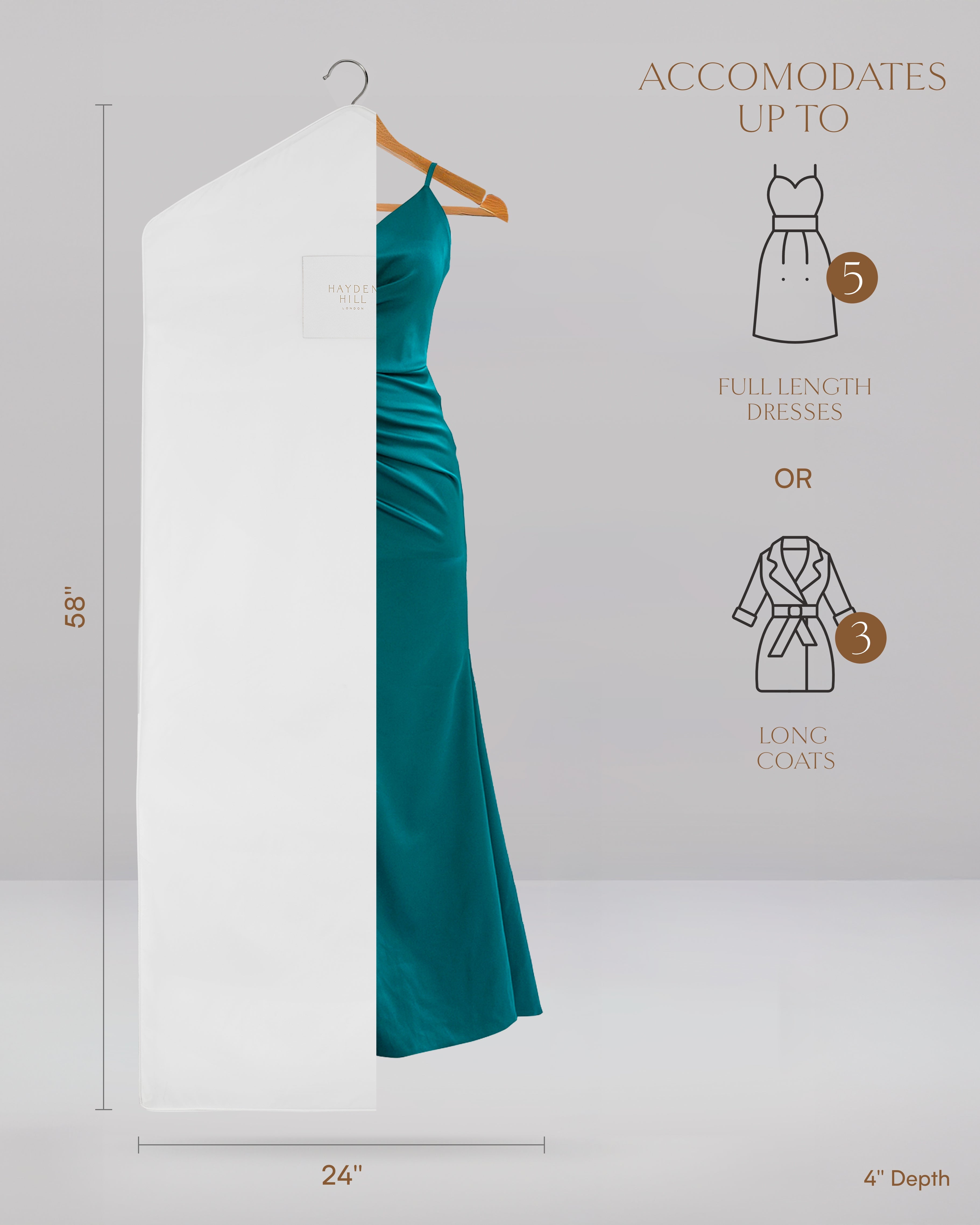 Green dress on a hanger with dimensions and capacity details on a gray background