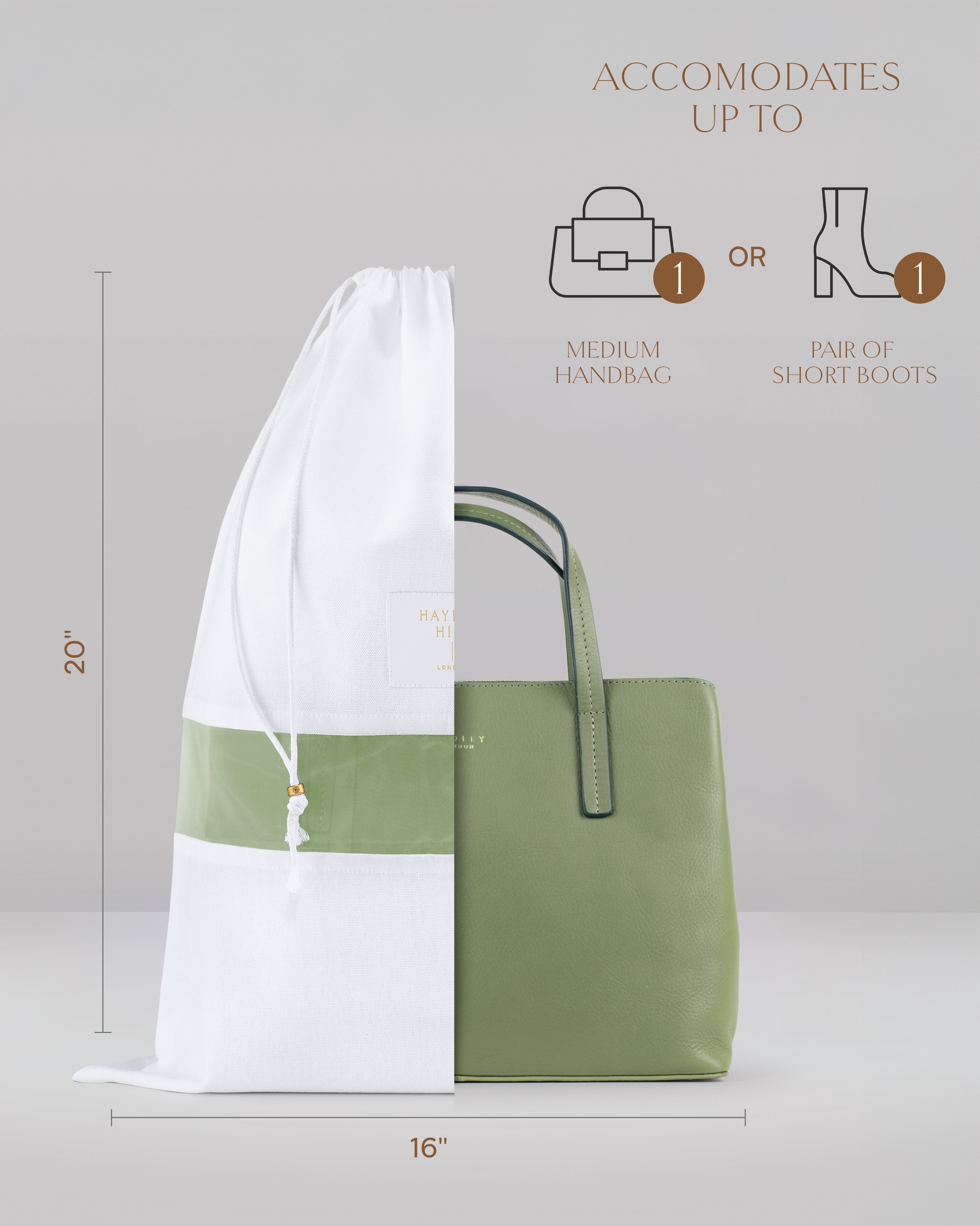 Hayden Hill medium organic cotton dust bag front view with clothes inside and dimensions in inches