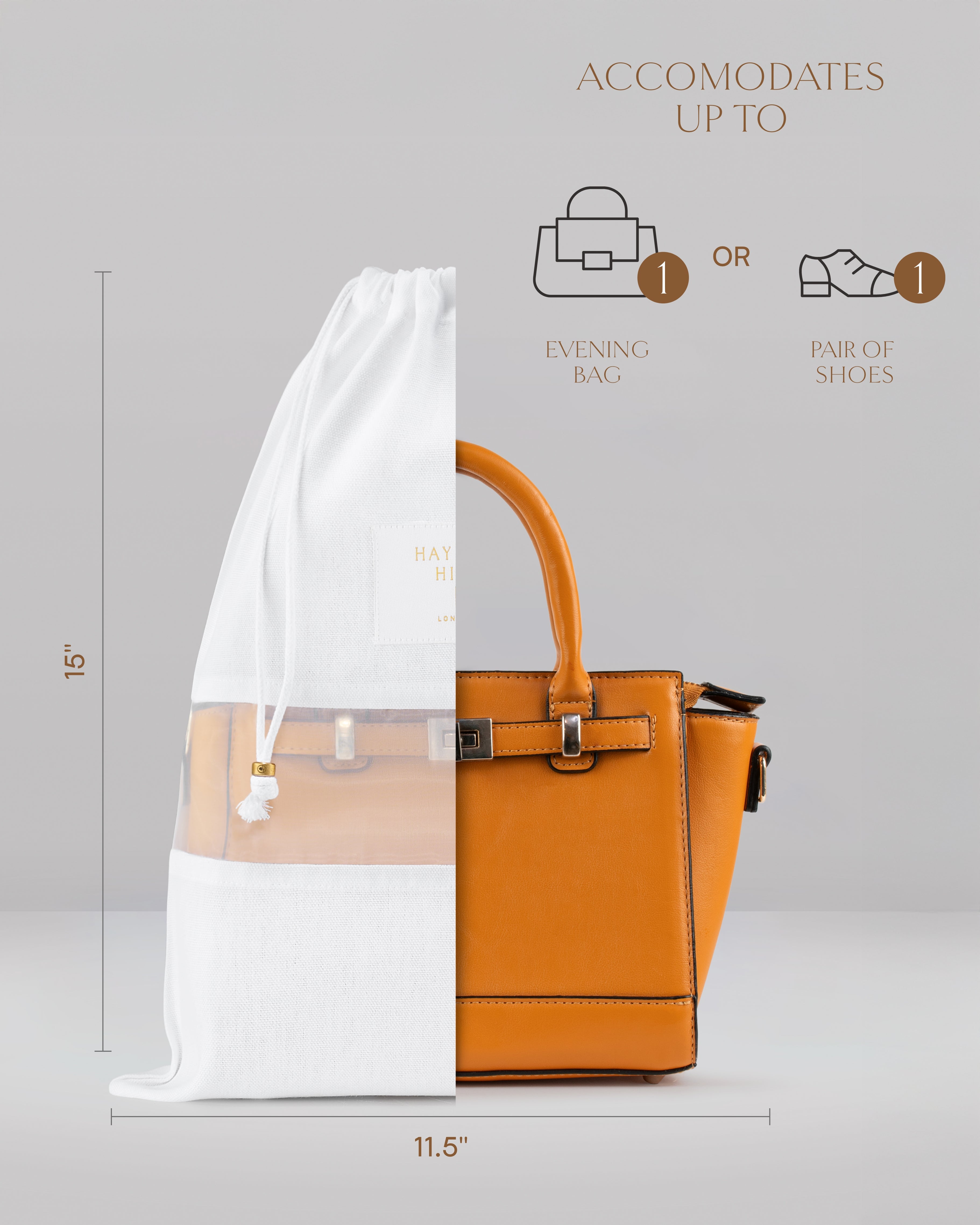 Hayden Hill small organic cotton dust bag with dimensions — 11.5 x 15 inches, front view with shoes inside