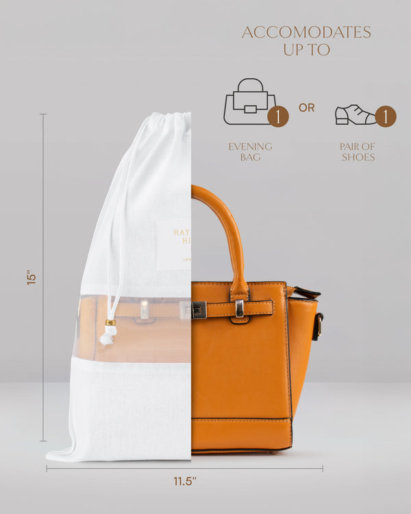 Hayden Hill small organic cotton dust bag with dimensions — 11.5 x 15 inches, front view with shoes inside