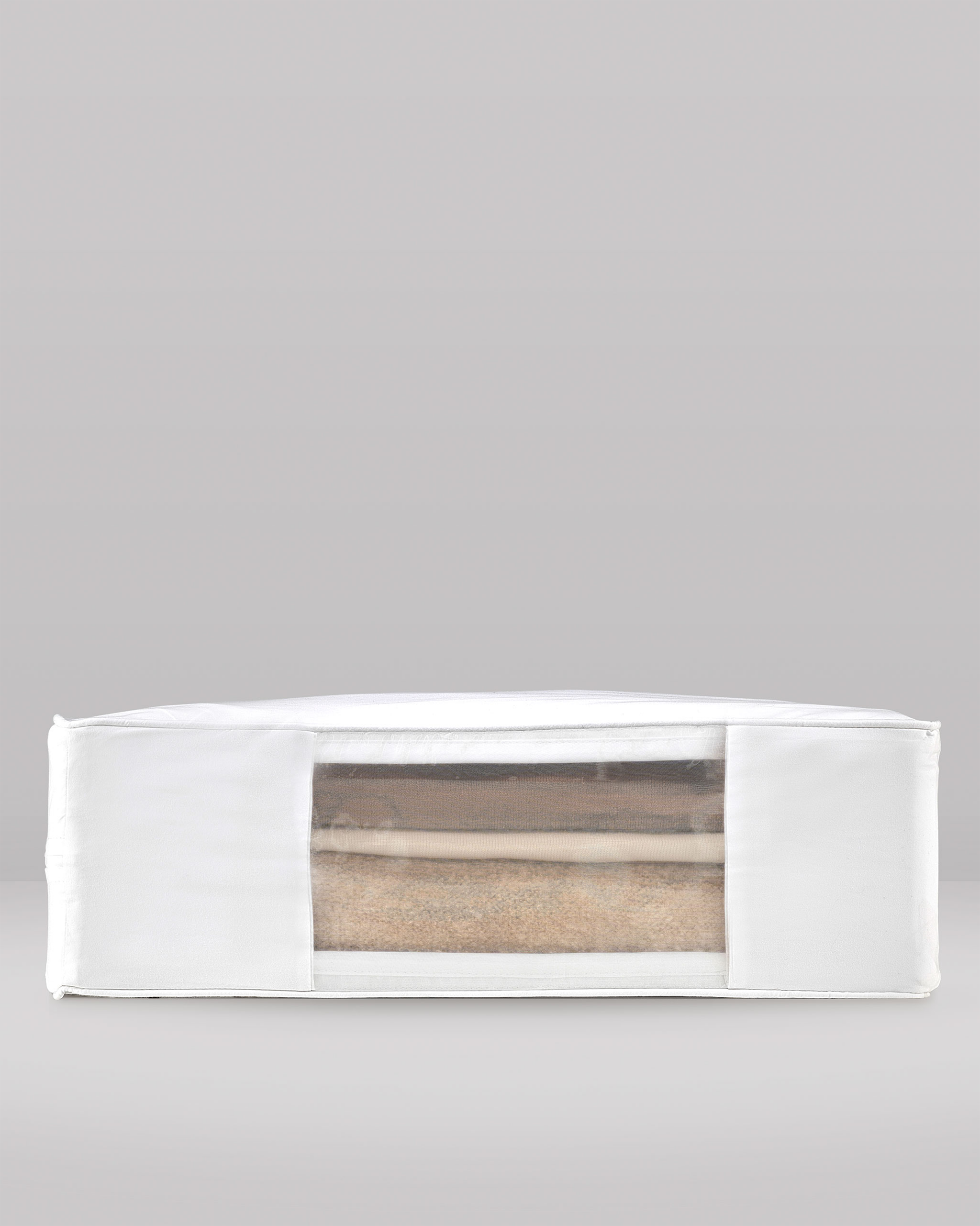 White fabric pouch with a clear window on a gray background