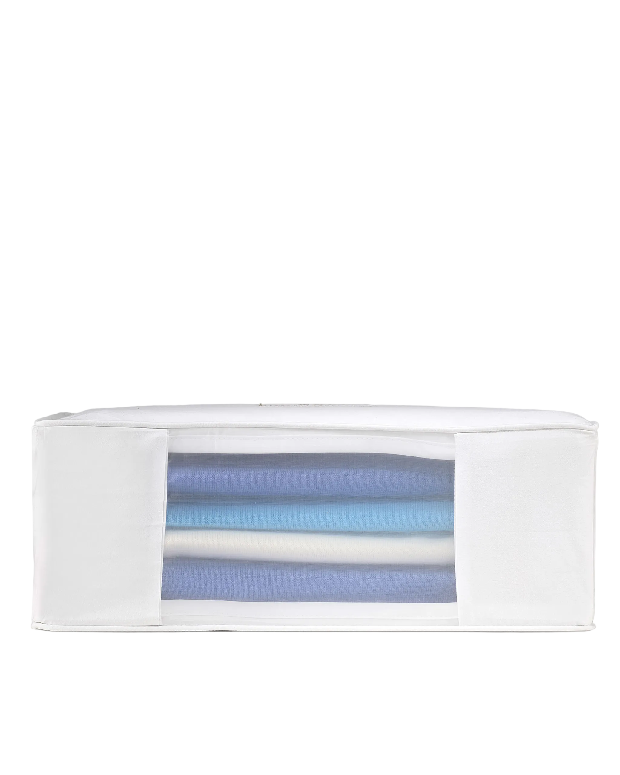 Clear plastic box with a colorful striped object inside on a gray background