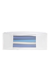 Clear plastic box with a colorful striped object inside on a gray background