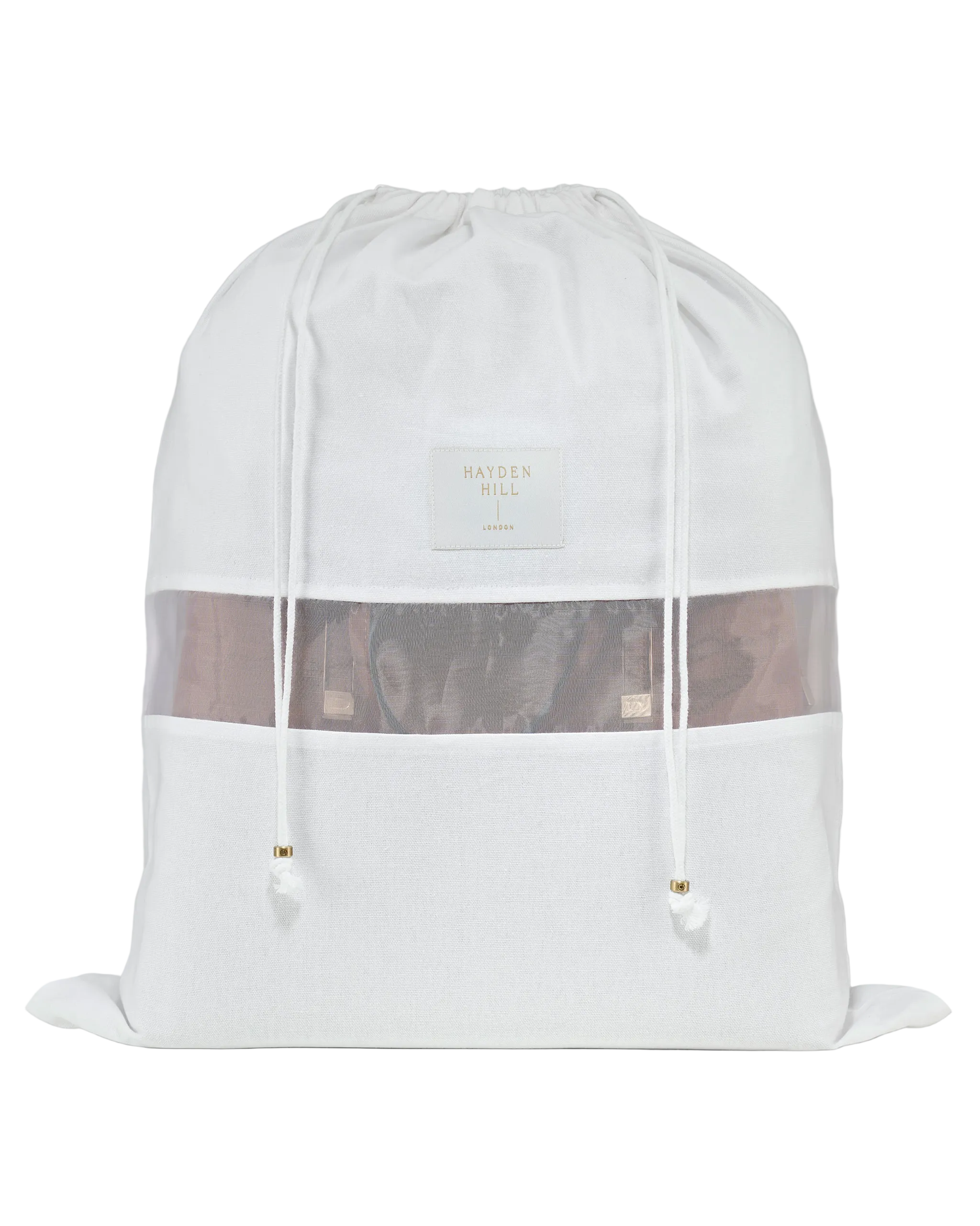 White drawstring bag with mesh side panels on a light gray background