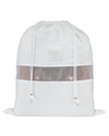 White drawstring bag with mesh side panels on a light gray background