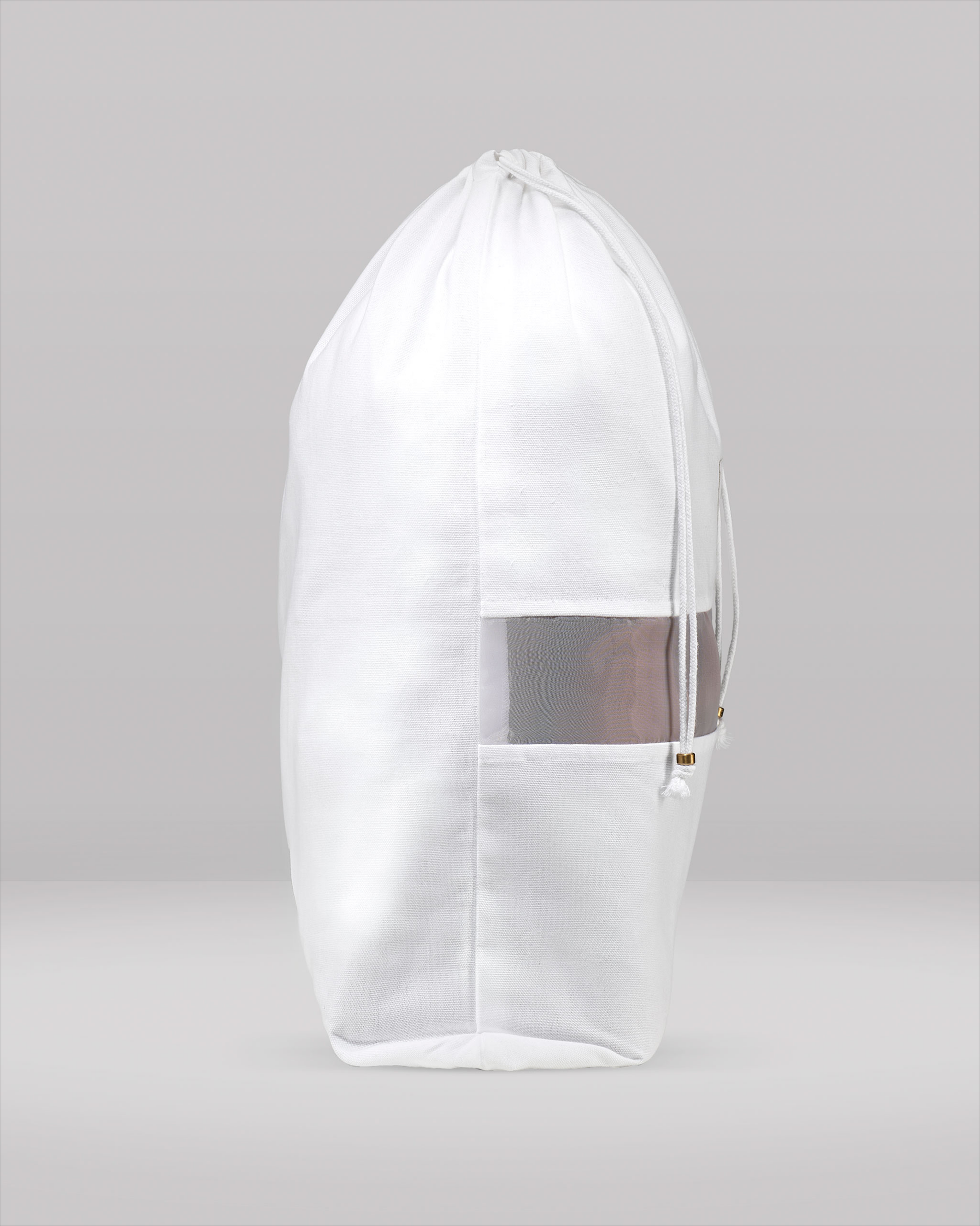 White hooded garment with mesh panel on a gray background