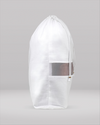 White hooded garment with mesh panel on a gray background