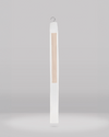 Tall, thin white object with a wooden panel on a gray background
