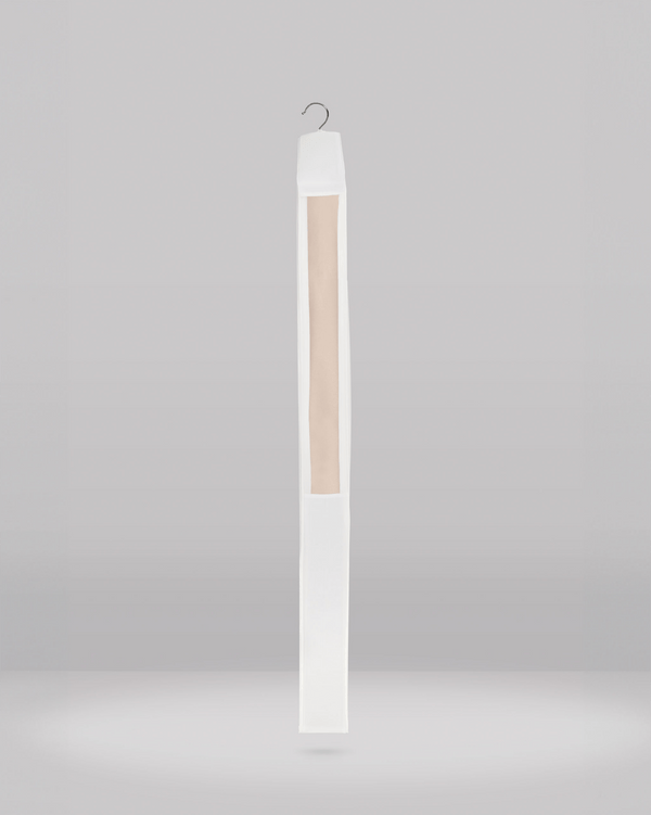 Tall, thin white object with a wooden panel on a gray background